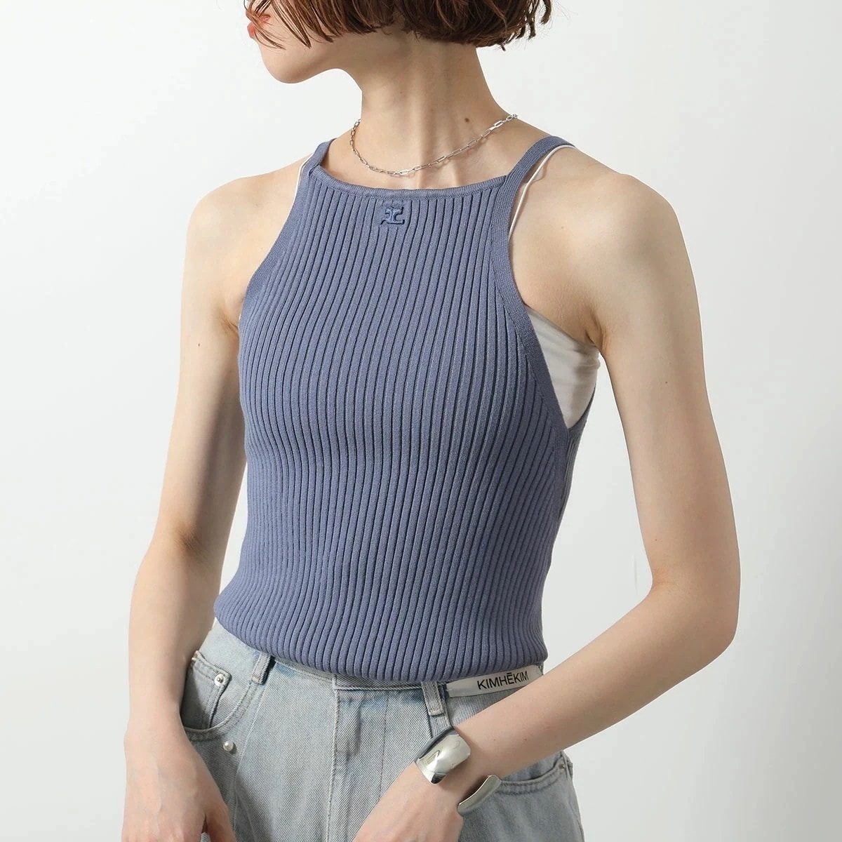 Courreges クレージュ タンクトップ POINTY RIB KNIT 125MT0042FI0001 レディース リブ ニット キャミソール ノースリーブ ロゴ 刺繍 DUSK-BLUE