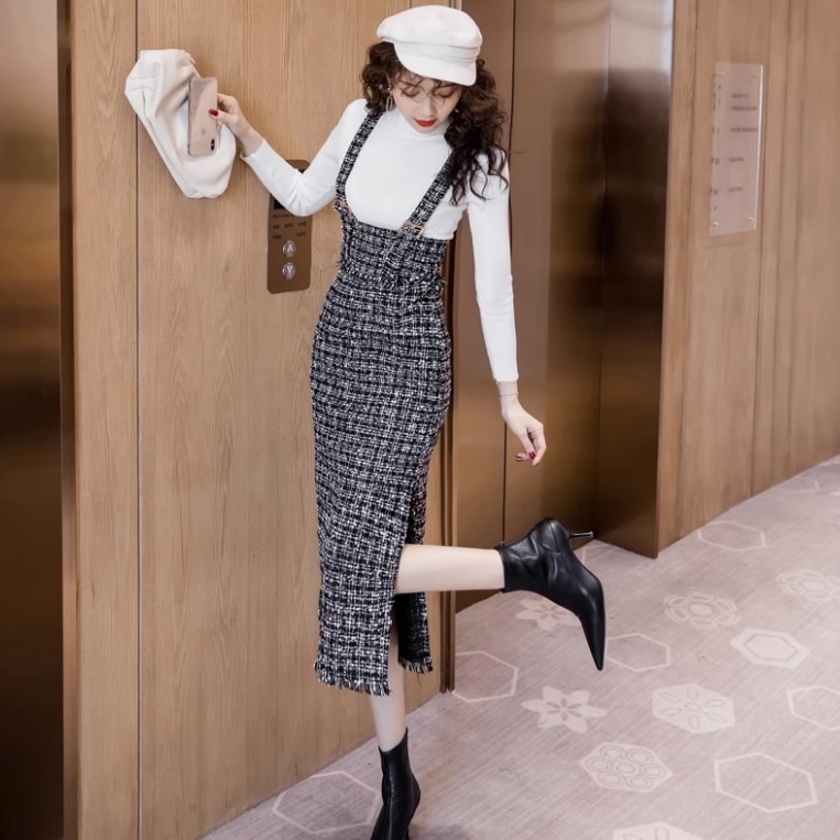 サスペンダースカート 膝下 ミディ丈 スリム タイト 細身 スリット サイドスリット ハイウエスト 大人可愛い きれいめ 大人 上品 おしゃれ お洒落 大人女子 こなれ感 ラフ ラブリー キュート