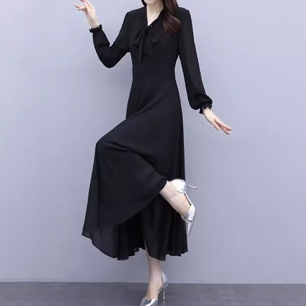 ワンピース フレアワンピース ワンピドレス ロング丈 袖あり 長袖 Vネック 襟なし フレア シフォン リボン ファスナー ハイウエスト 透け感 ポリエステル かわいい 大人可愛い きれいめ シンプル