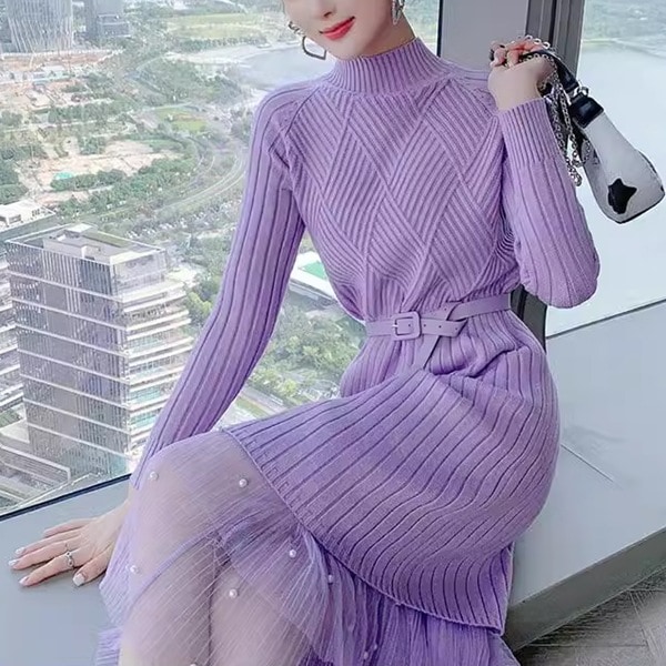 スプライスメッシュスーパーフェアリードレス/擬似ツーピースレディース スカート トップス ワンピース ニット セーター スーツ ドレス 上着 ニットワンピ 膝下 丈長 長袖 ラグラン クルーネック