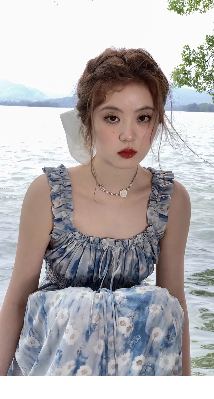 プラスサイズ 婦人服 スクエアカラー ノースリーブ ハイウエスト ドレス 女性 夏 甘い 花柄 スカート 個性的 ワンピース ロング ロング丈 袖なし ノースリーブ スクエアネック 襟なし かわいい