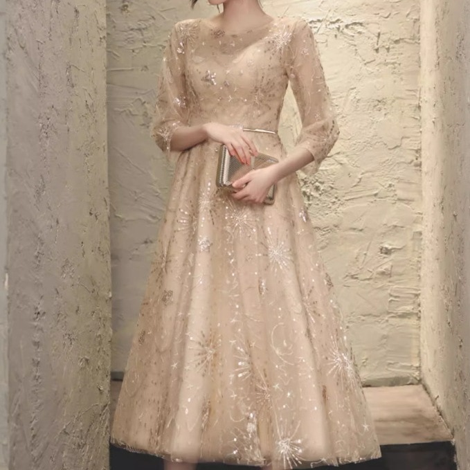 ドレス ドレスワンピース パーティー 結婚式 二次会 披露宴 ステージ フォーマル キャバ ラウンジ クラブ ミモレ 7分袖 袖あり ラウンドネック 襟なし プリンセスライン セミフレア Aライン