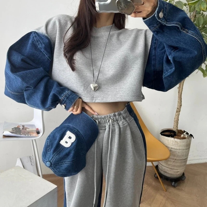 春作セットアップ上下セットスウェット色切り替え運動ラウンドネックショートゆったりカジュアルおしゃれスウェットパンツカーディガンカジュアルゆったり百掛け着やせ