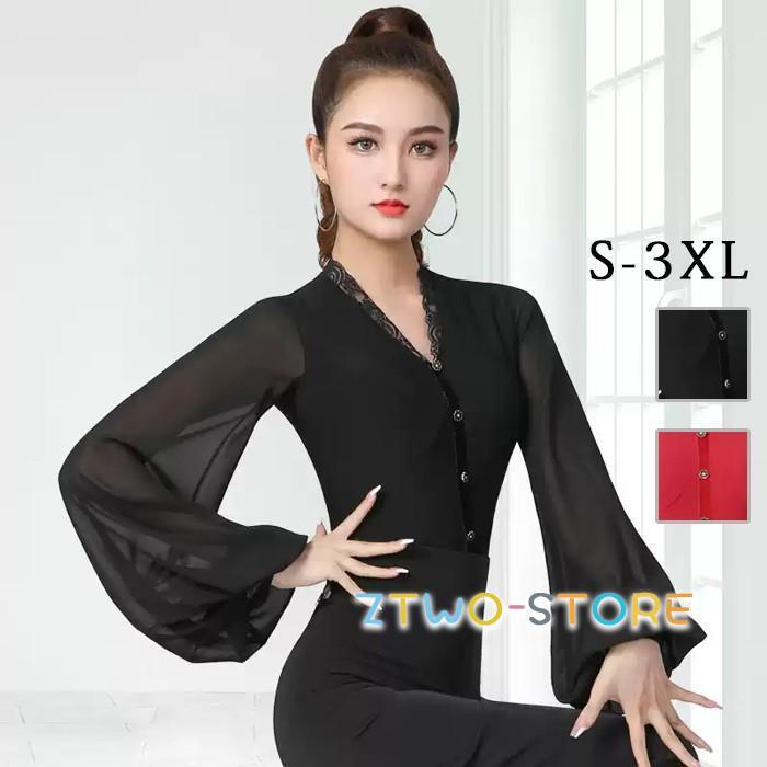 「2026新作-59」社交ダンス トップス レオタード 長袖 透け感 胸パッド付き ラテン モダン タンゴ サンバ レディース 舞台用 練習着 ブラック ブラック レッド S-3XL