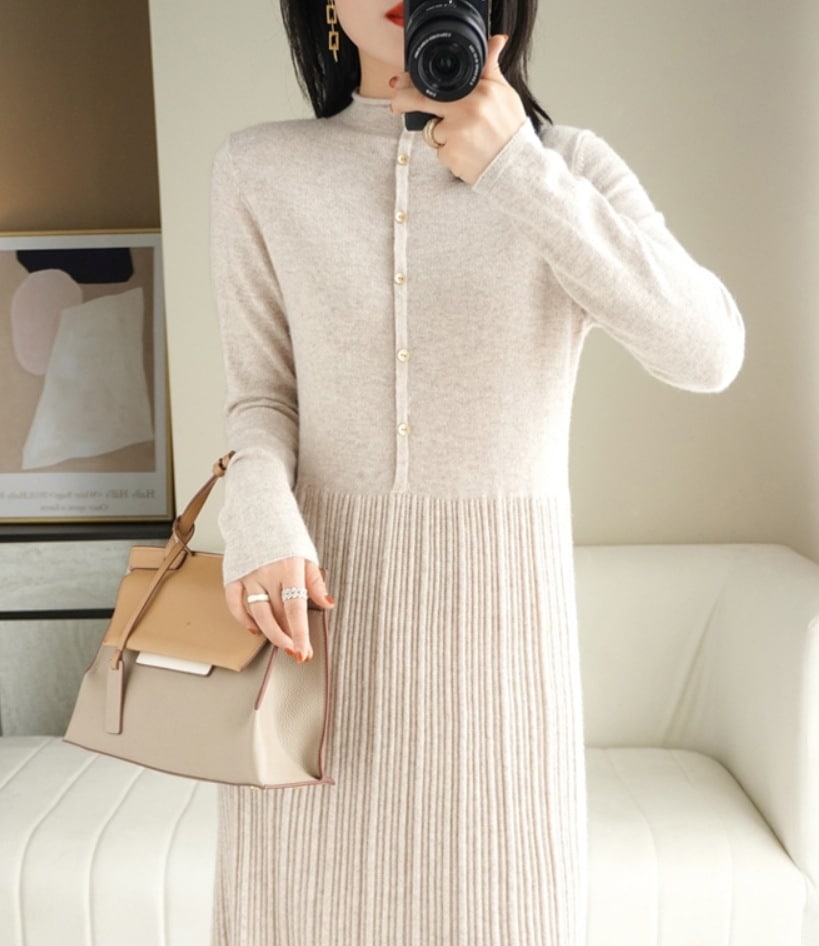 デート モテアイテム ニットワンピ ミモレ丈 長袖 プリーツ リブニット ウール 可愛い きれいめ 上品 おしゃれ かっこいい 可愛い ラブリー キュート ガーリー クール モード系 セクシー