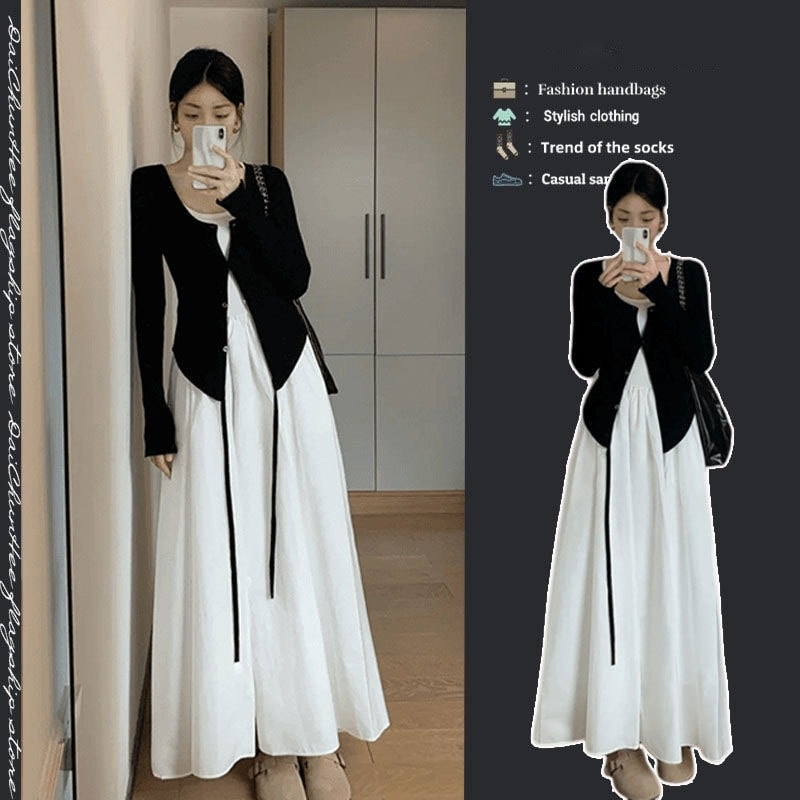 韓国 セットアップ レディース 春夏 シンプル着痩せ2点セット カーディガン+ワンピース 長袖セットアップ