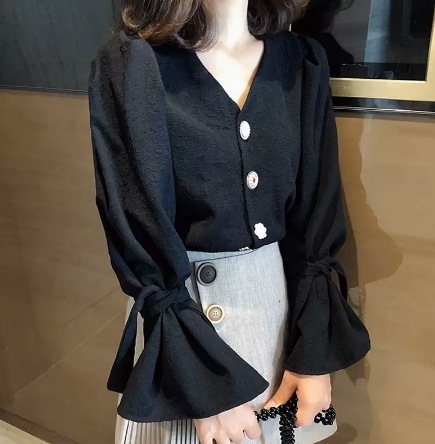 トップス ブラウス プルオーバー 袖あり 長袖 Vネック 襟なし バルーンスリーブ デザイン 美ライン ニュアンス フリル ドレープ カラバリ かわいい 大人可愛い きれいめ シンプル カジュアル