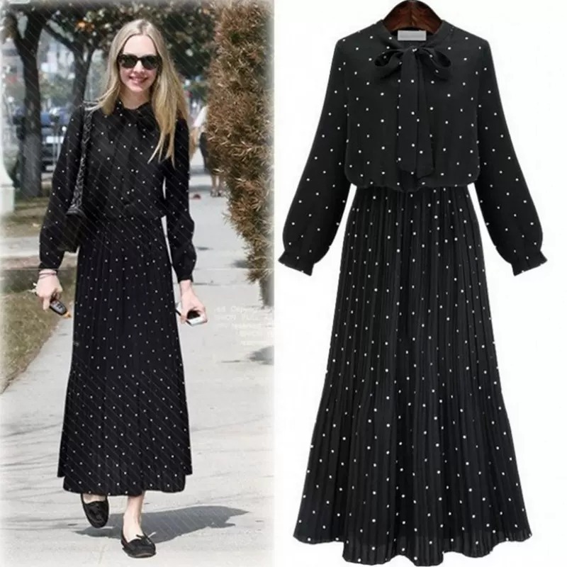 ワンピース ロング ロング丈 マキシ マキシ丈 ボウタイ 長袖 フレア Aライン プリーツ ハイウエスト ウエストマーク リボン シフォン キュート かわいい ガーリー ラブリー 大人可愛い