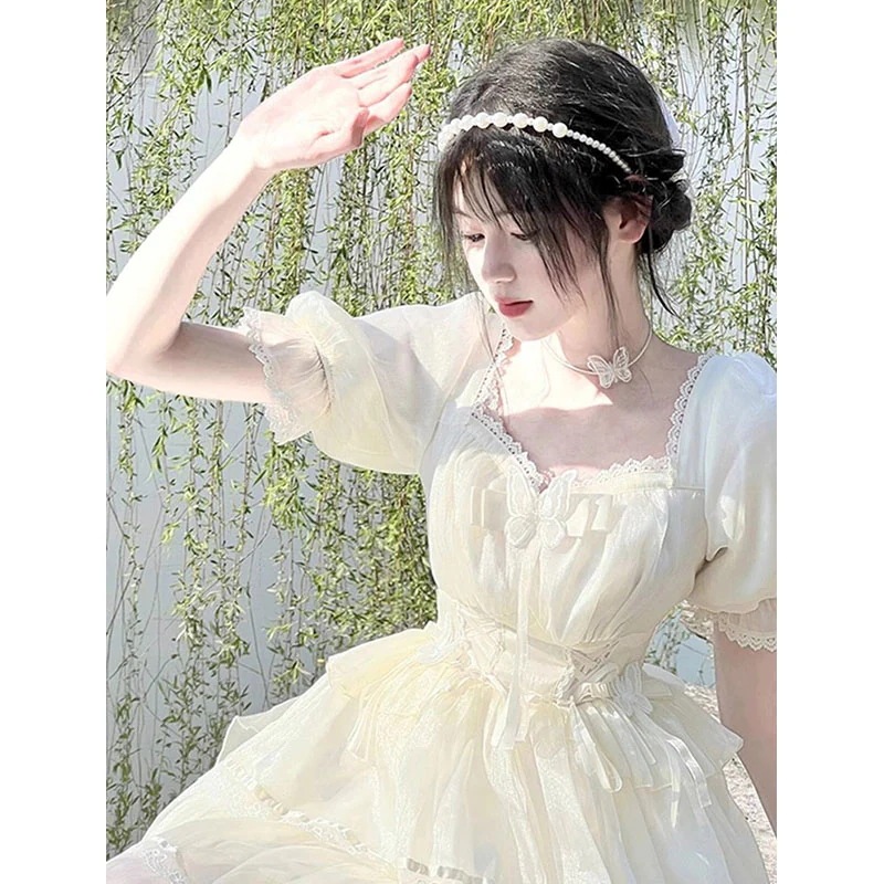 【すぐに在庫あり】半袖op花柄メッシュプリンセスドレスリボンロリータロリータスクエアネックドレス