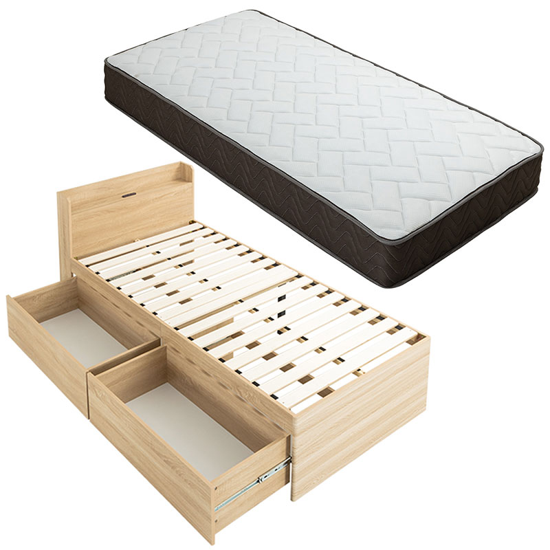 収納ベッド 収納付きベッド チェストベッド 容量約106L シングル コンセント付き ポケットコイルマットレスセット