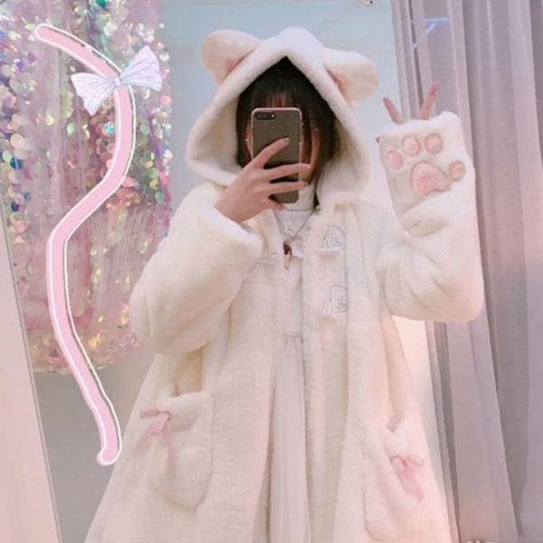 もふもふコート猫耳肉球ボアコートふわふわもこもこパーカーかわいい秋冬長袖フード付きアウターオーバーサイズゆったりフリーサイズネコ耳白いd