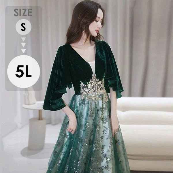 ロングドレス キラキラ 黒 ドレス 袖あり ポワン袖 カシュクール 大きいサイズ 5L 大人 演奏会 ピアノ 発表会 母親 結婚式 ロング 体型カバー 謝恩会 卒業式 花嫁 ステージ 緑 ブラック グ