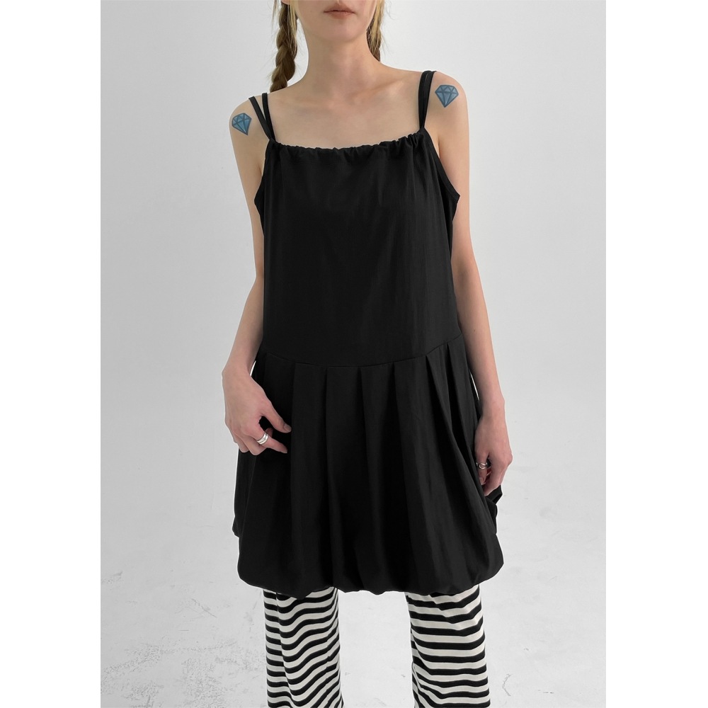 ブラックアップリーディングナイロンバルーンプリーツミニドレス