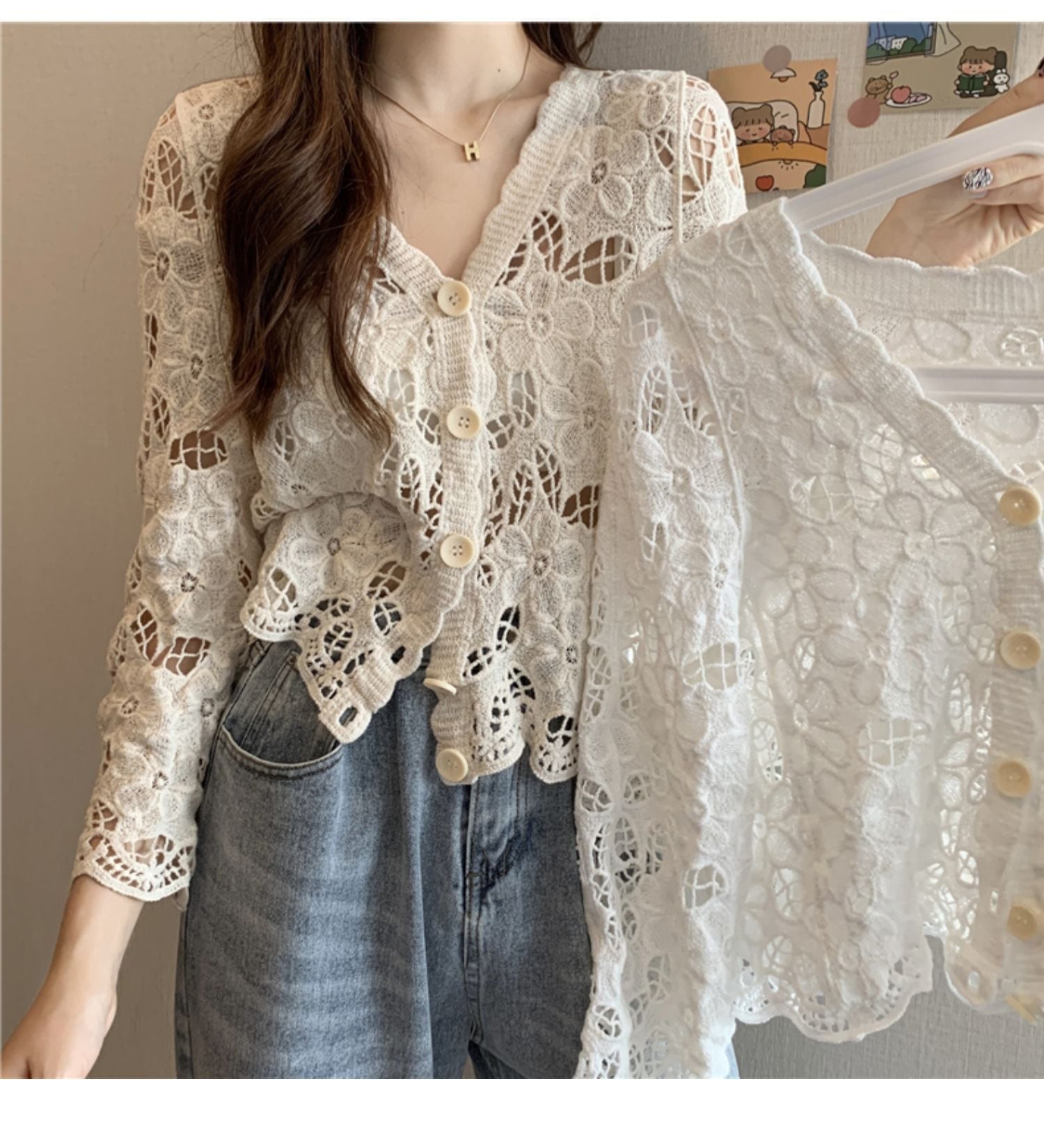 トップス ブラウス カーディガン プルオーバー ショート ショート丈 袖あり 長袖 Vネック 襟なし スリム 細身 レース 刺繍 前開き クロシェ 編み込み 透け感 サマーニット 薄手 かわいい 5,096円