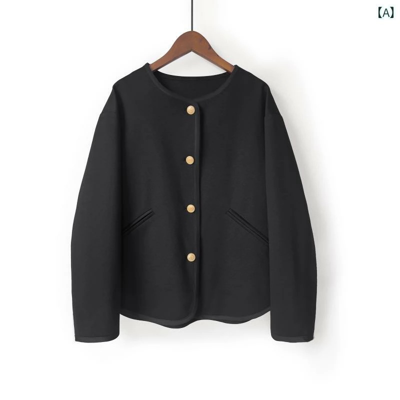 ビジネス　スーツ　ジャケット春秋 長袖 ショート ジャケット レディース カーディガン トップ 黒ノー カラー ラウンドネック スーツで スリム