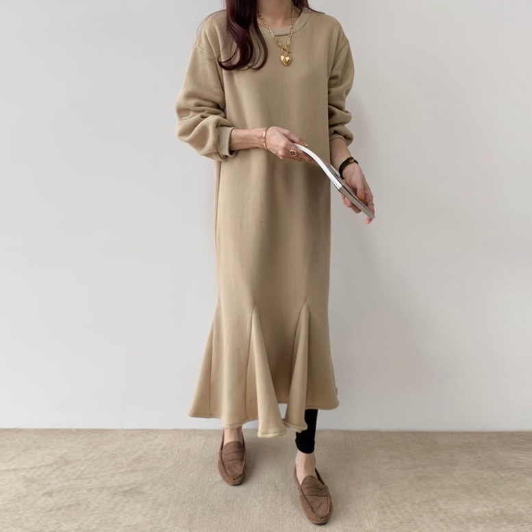 ロングスウェットワンピース レディース ワンピース ロングワンピース スウェットワンピース シャツワンピース 裾フレア マーメイドワンピース マキシワンピース ロング丈 ラウンドネック 長袖