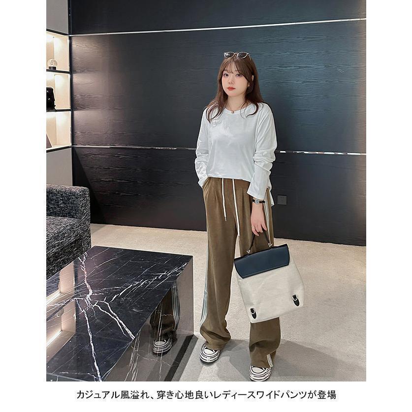 ワイドパンツ 春 夏 秋 イージーパンツ レディース ストレートパンツ ロングパンツ 長ズボン カジュアルパンツ 体型カバー 腰ゴム 腰ひも ライン 着回し 春秋