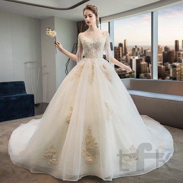 ウェディングドレス ウェディングドレス白 パーティードレス V襟 花嫁ロングドレス 簡約 結婚式 露背 二次会 エレガント ビーズ お呼ばれ 挙式 姫系