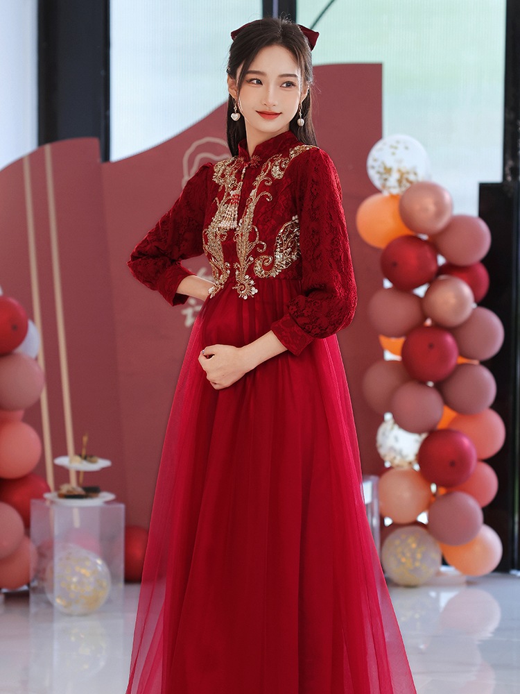 妊婦 乾杯服 花嫁 お腹カバー 2024年新作 バーガンディ ウェディングドレス チャイナ ガーゼ スカート バックドア スーツ 長袖