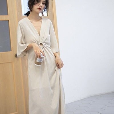 マキシワンピースワンピースロング丈V型襟スリットウエストデザインゆったりオシャレ半