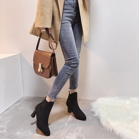 スエードショートブーツ ニットブーツ ブラック レディース ラフ ハイヒール 冬 スキニーブーツ チェルシーブーツ ガール ブラック 34 35 36 37 38 39 40 おしゃれ こなれ感