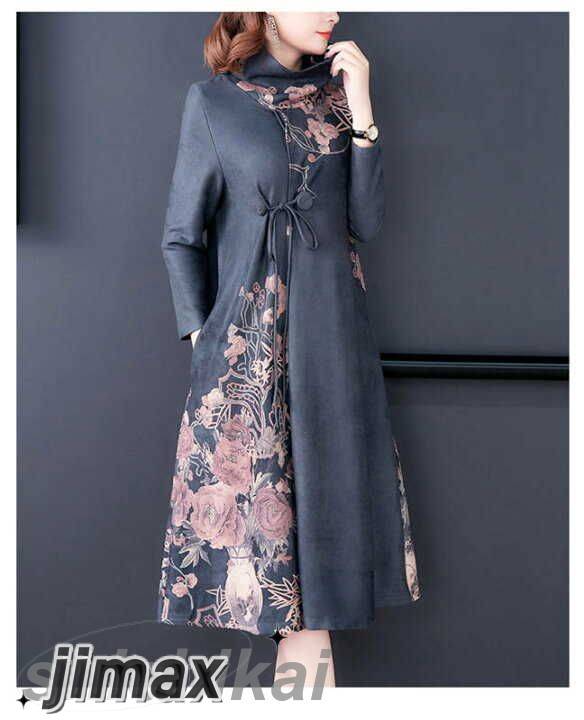 ワンピース大きいサイズ秋冬４０代ワンピース レディース大きいサイズ ワンピ花柄ワンピ長袖 お呼ばれ ワンピース 5０代披露宴 結婚式 演奏会 二次会4XL