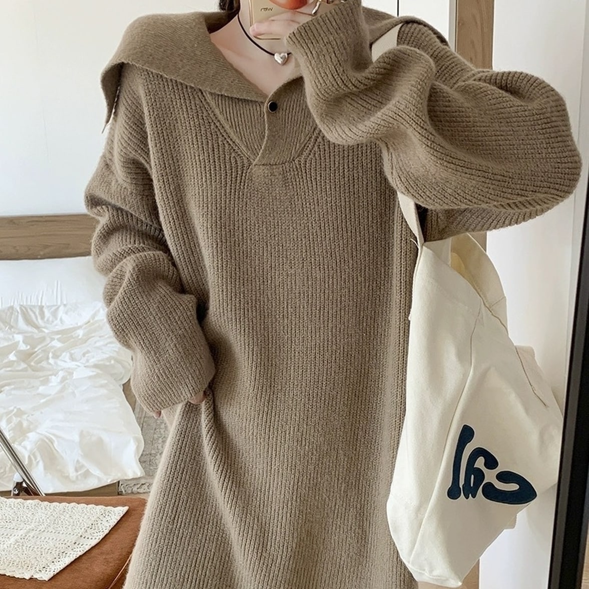 ワンピース リブニットワンピース ロングワンピース ニットワンピース レディース セーラー襟付きリブニットワンピース 長袖 リブニット Vネック 襟付き リブ ドロップショルダー ロング丈 ミモレ丈