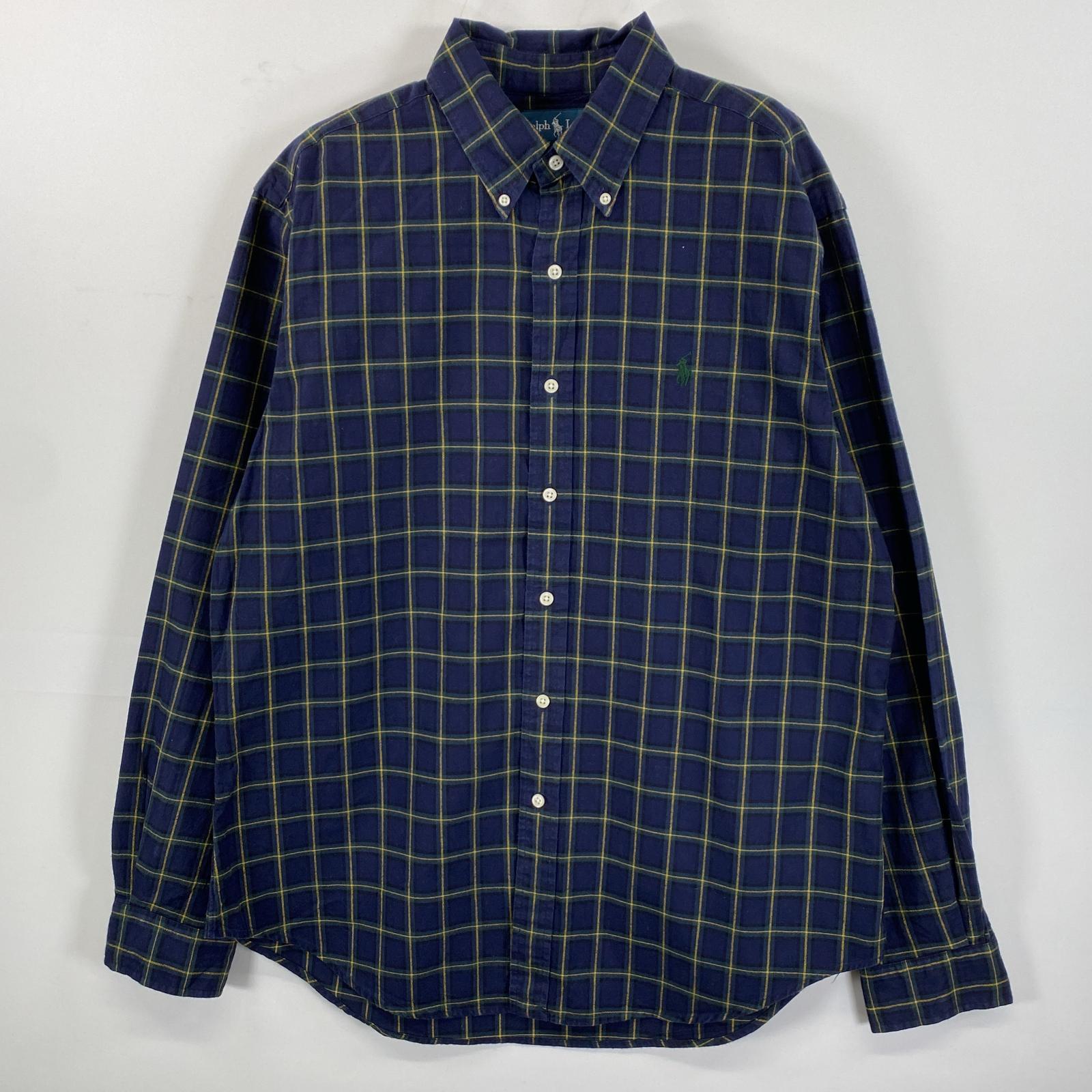 古着 長袖シャツ ロゴ刺繍 ボタンダウン ワンポイント L ネイビー系 チェック メンズ