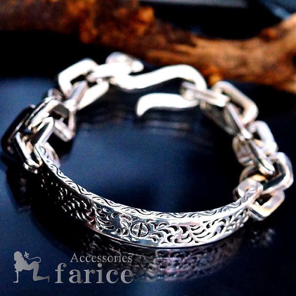 メディスンホイール(聖なる環/十字)&ヒーリングプラント(植物)彫り装飾 ハーフプレートデザイン メンズ インディアンジュエリー シルバー925 ワイド幅極太チェーンブレスレット