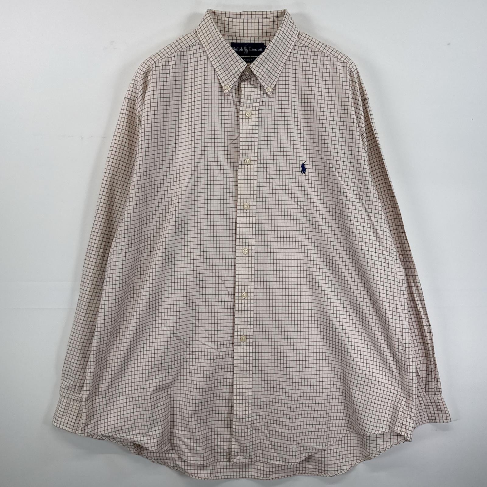 古着 長袖シャツ ボタンダウンシャツ ワンポイント 刺繍 大きいサイズ 17　2/1　XL ホワイト チェック メンズ