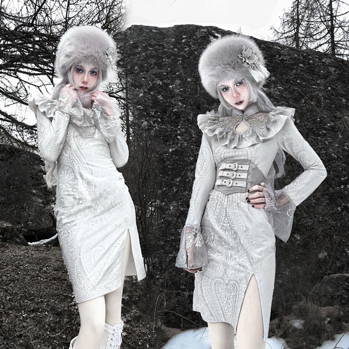 仮装舞踏会 女性用 バラ ゴシック風 レース 長袖 スリット入りワンピース グレー レース ハロウィン 個性的 コスチューム パーティー 文化祭 学園祭 イベント be366c0c0m6