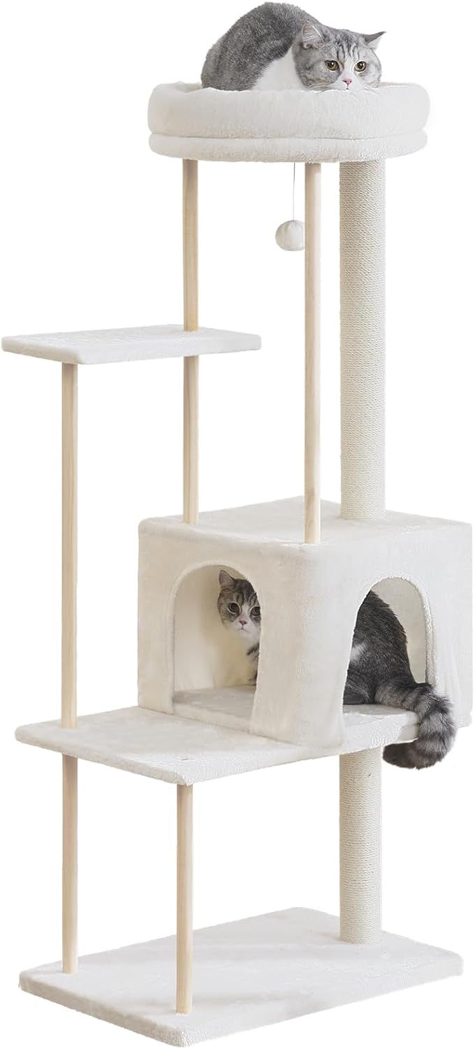 キャットタワー 多頭飼い 大型猫用 猫タワー スリム 安定感 爪とぎ 天然サイザル 広いハウス 麻紐 登りやすい 運動不足解消 省スペース 高さ145cm ベージュ