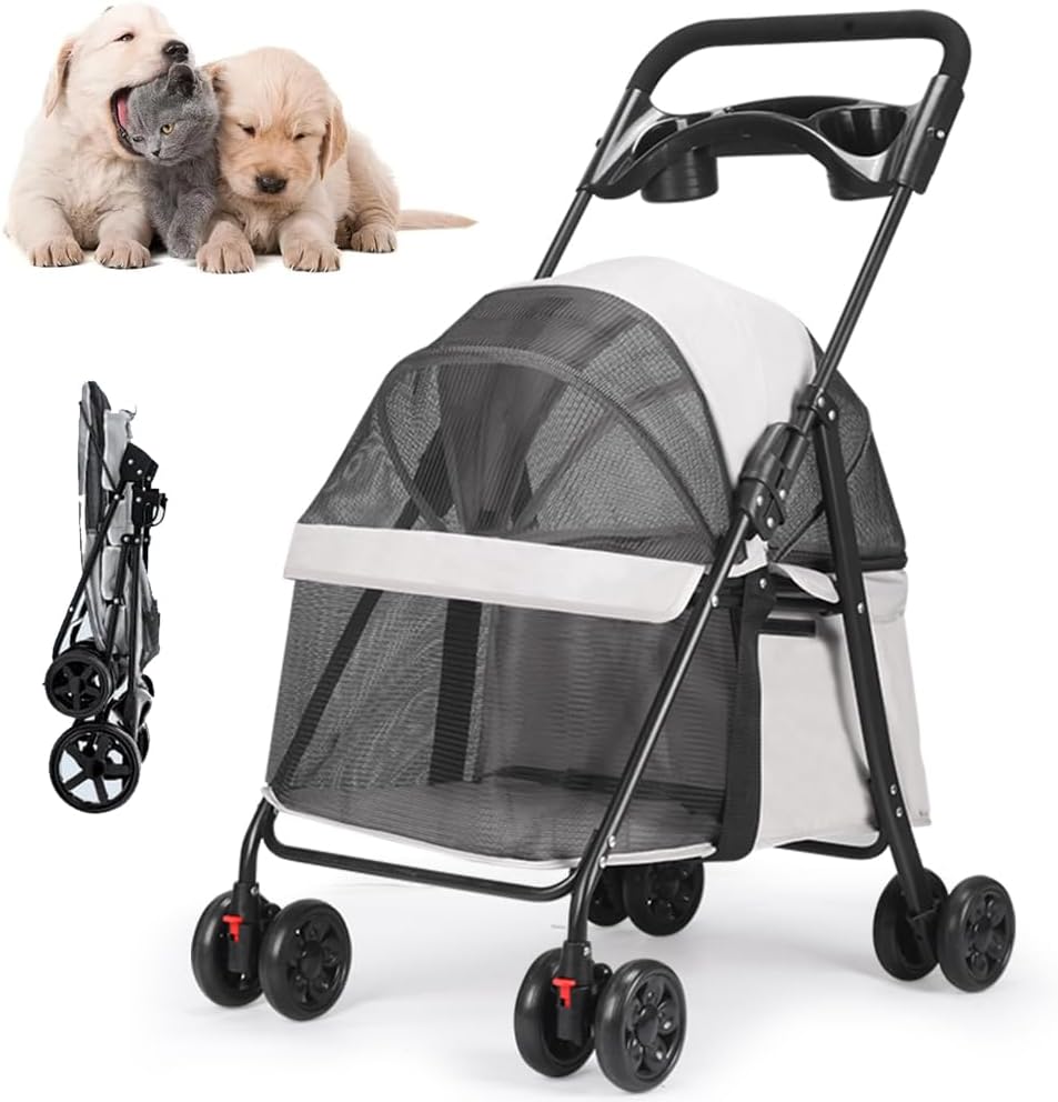 ペット用カート キャスター付き 360度回転 折りたたみ式 軽量 通気性 大容量 高耐荷重 組み立て簡単 サイズ 49x69x97cm グレー