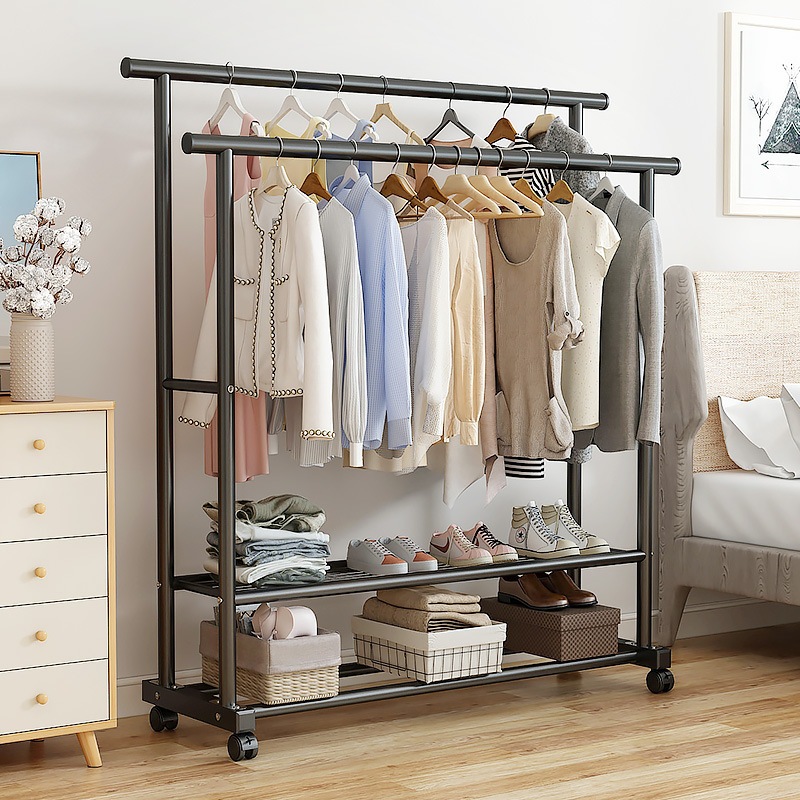 ダブルポール物干しラック床置き寝室ホームコートラック屋内シンプル収納バルコニー物干しラック