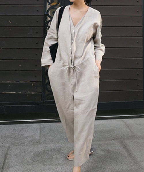 オールインワン ジャンプスーツ ワイドパンツ 9分丈 長袖 Vネック ワイド オーバーサイズ 裾ワイド リボン ウエストマーク ウエストリボン ポケット ウエストゴム リネン 綿 コットン 麻