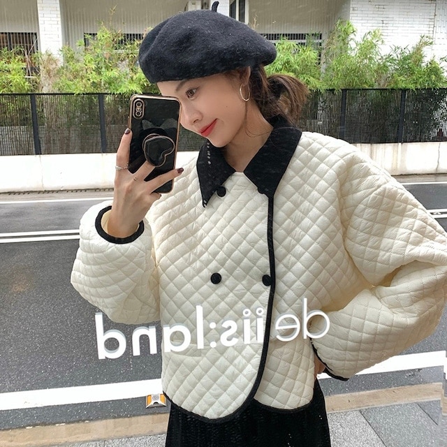 レディース キルティング ダブル ジャケット アウター バイカラー パイピング ショート オーバーサイズ 上着 モノトーン 4,833円