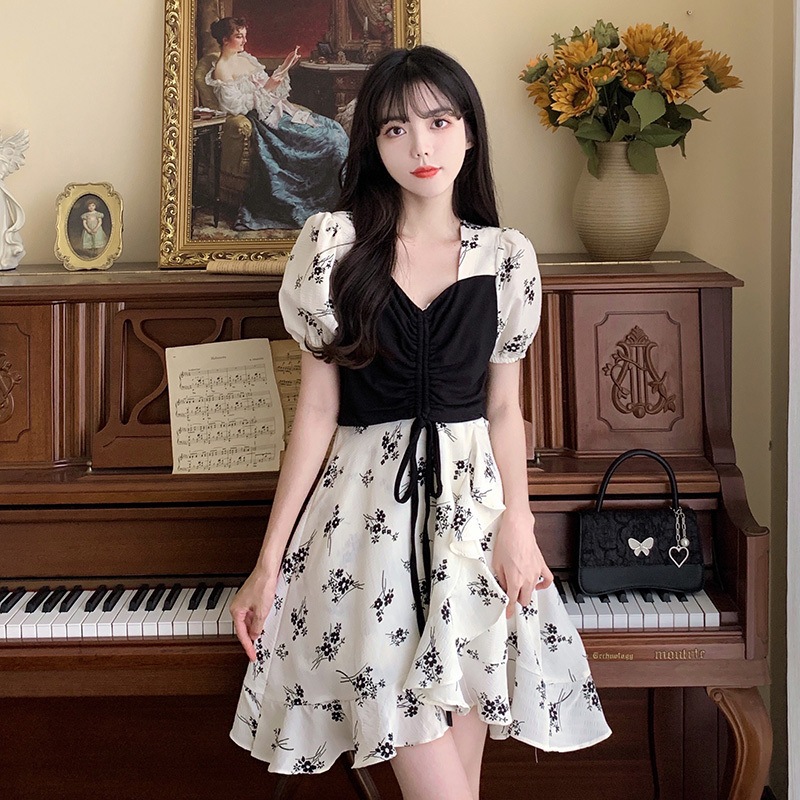 フレアワンピース ワンピース フレアワンピース ワンピドレス ミニ ミニ丈 袖あり 半袖 パフスリーブ Vネック フレア Aライン 切り替えデザイン リボン 切り替えデザイン ハイウエスト かわいい