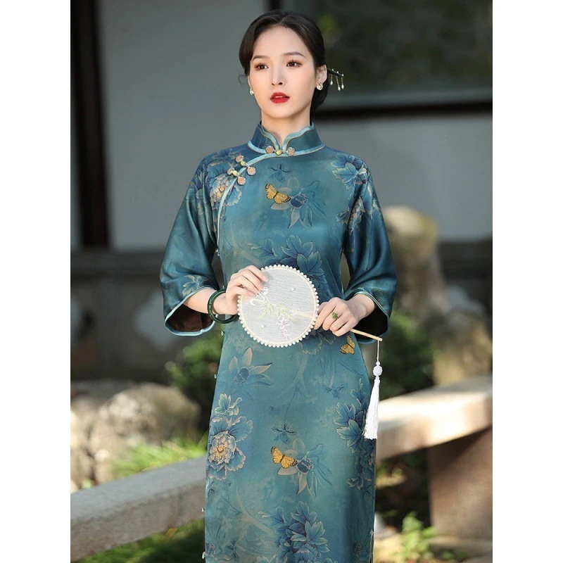 重厚な鍛造香雲ガーゼ逆大袖ワンピース古代チャイナドレスフラットカットノーダーツスリムドレス