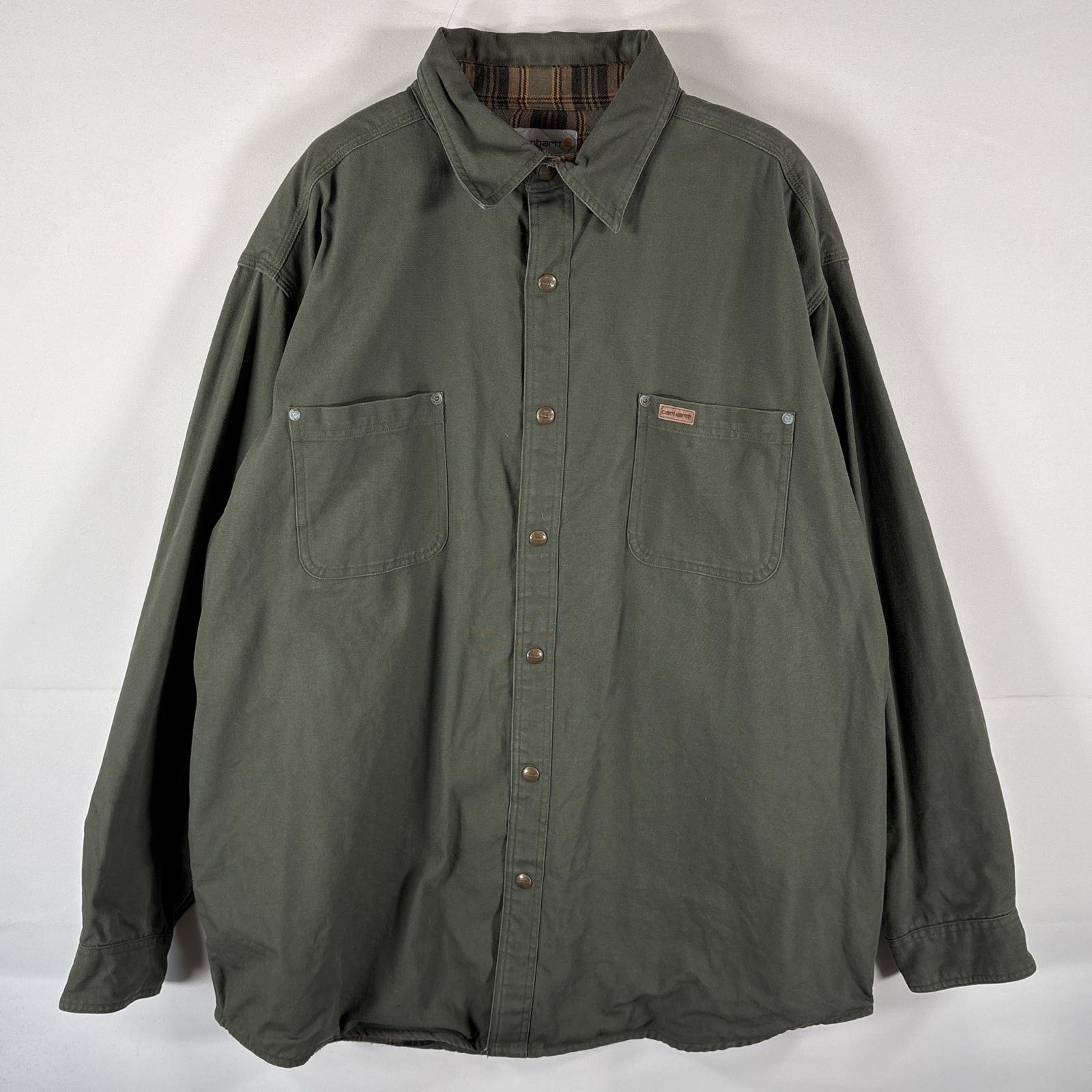 古着 ダック シャツジャケット ワンポイントロゴ 大きいサイズ スナップボタン 2XL グリーン系 メンズ