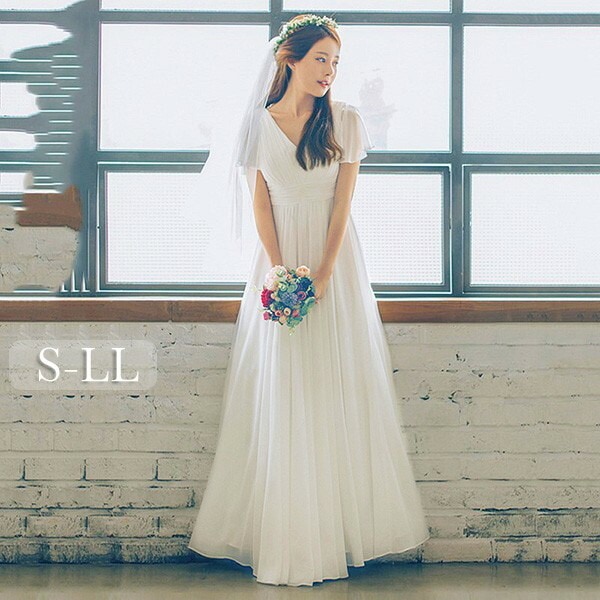 ウェディングドレス ホワイト 白 ロングドレス シンプル 袖あり チュール 花嫁 結婚式 披露宴 お呼ばれ 20代 30代 40代 前撮り 後撮り フォト婚