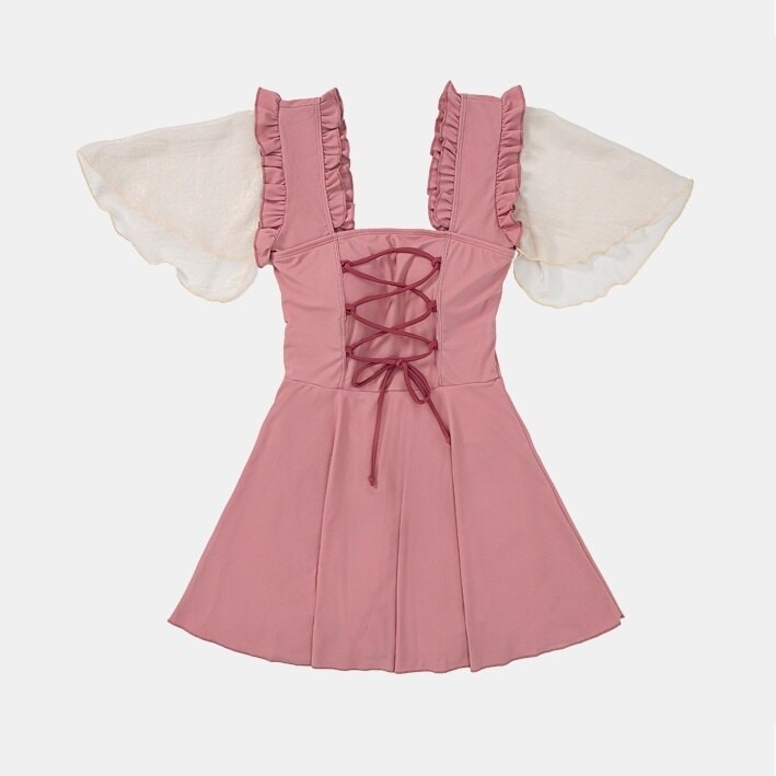 水着 タンキニ ワンピース水着 セクシービキニ 体型カバー水着 スカート ワンピース 体型カバー 二の腕カバー 半袖 リボン レース フリル レースアップ ウエストマーク バックシャン バックコンシャ