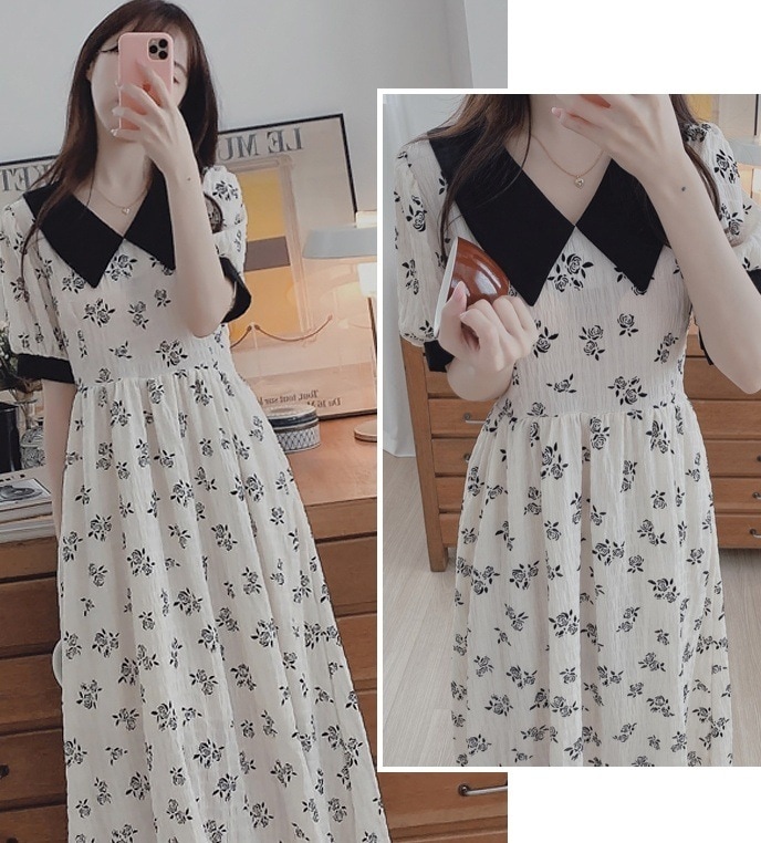 ワンピース 半袖 春 秋 かわいい ロング ワンピドレス 膝下 ミディアム丈 ミドル丈 パフスリーブ 大きな襟 でか襟 ビッグカラー スリム 細身 ハイウエスト 透け感 白 大人カラー S M L X