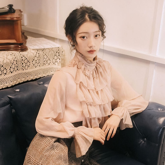 【送料無料】レディース ブラウス シフォン フリル シャツ スタンドカラー トップス