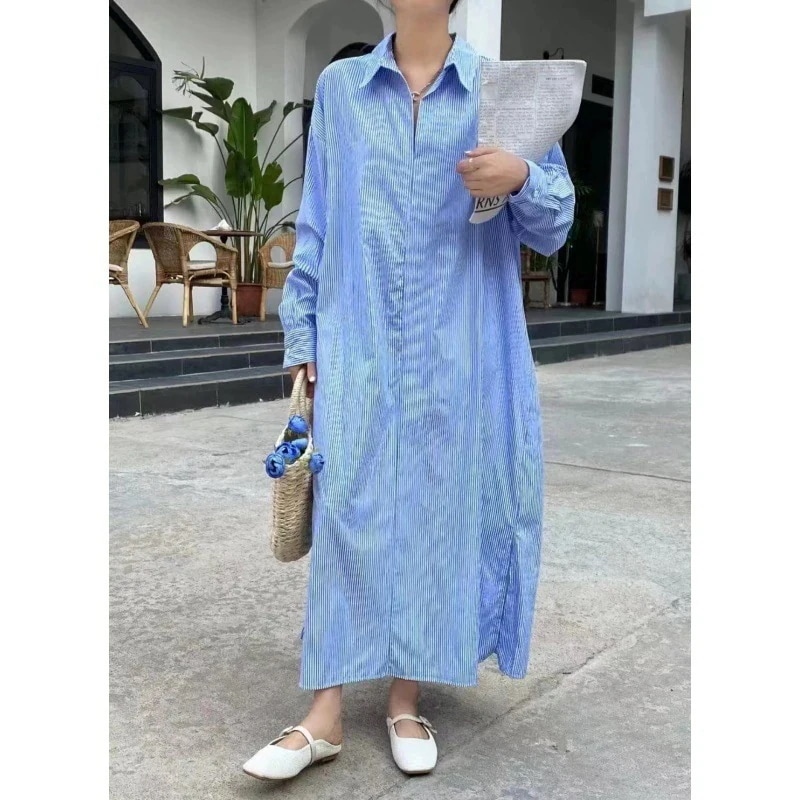 韓国ファッション ロングワンピース 体型カバー ロング丈 大きいサイズ ゆったり 着痩せ Aライン おしゃれ シャツワンピース パーティードレス 長袖 気質 ウエスト ストライプ ワンピース