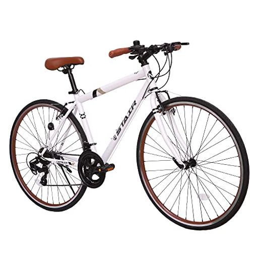 クロスバイク 自転車 700X25C シマノ製14段変速 超軽量高炭素鋼フレーム カラーリム 初心者 フラットハンドル 前後Vブレーキ 通勤 通学 ワイヤ錠・ライトのプレゼント付き(ホワイト)