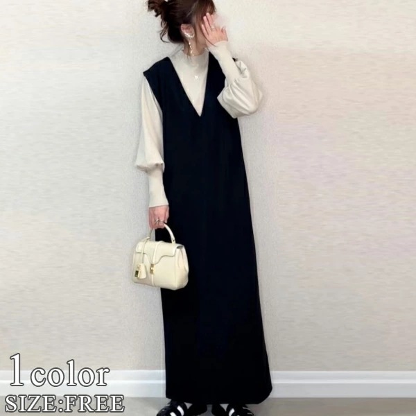 Vネック オーバー ワンピース ロング マキシ 重ね着 シンプル ノースリーブ ゆったり 長袖 カジュアル 秋 冬 トレンド 大人可愛い レディース