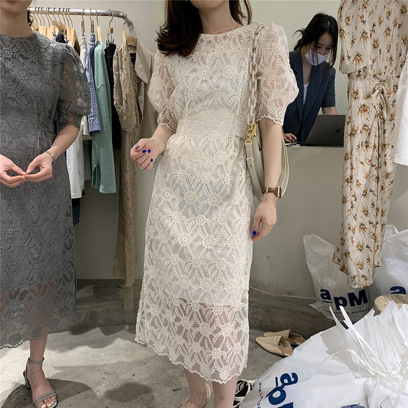 ワンピース ドレス レディース S M L XL 韓国 クラシカル フォーマル お呼ばれ 綺麗 膝下 婚活 ミモレ ベージュ ホワイト グレー S M L XL 袖あり 春 夏 謝恩会 結婚式 二次会