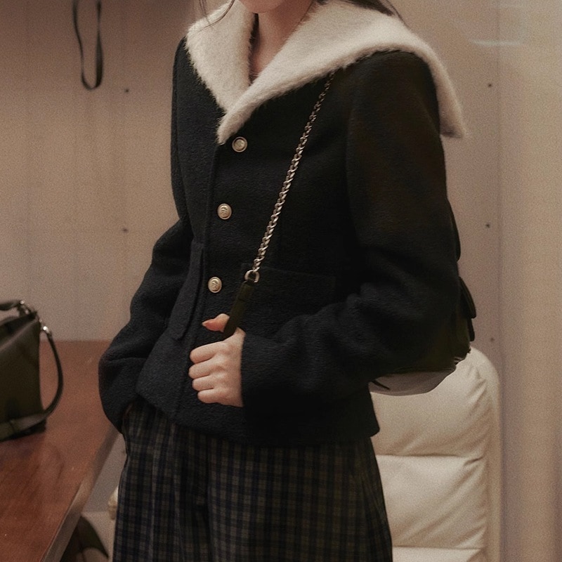 アウターファー毛皮アウター小香風ウールジャケットネイビーネックデザインジャケット保温収納ウエストトップスで痩せ見え