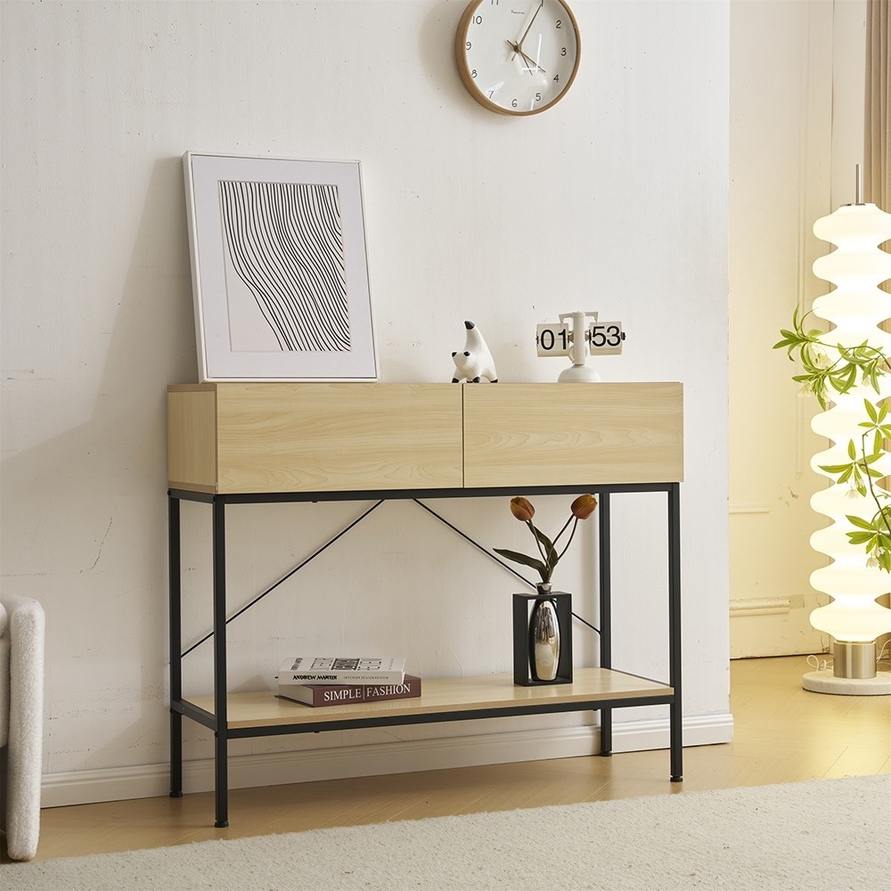【ナチュラル】コンソールテーブル 玄関 スリム 省スペース 棚 ラック 木目調 スチール スタンド マスク置き 小物 消毒 スプレー エントランス 台 シンプル 引き出し おしゃれ コンソール