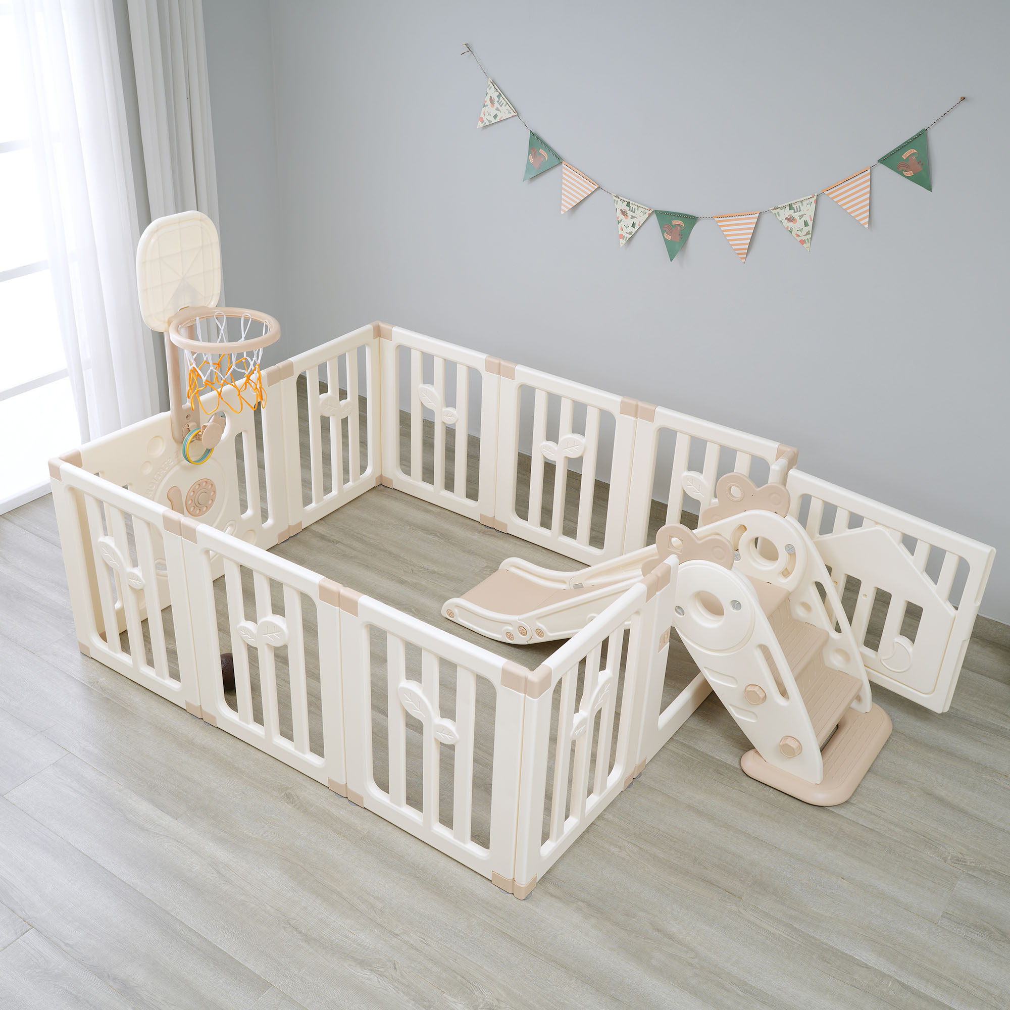 ベビーサークル+滑り台 ベビーゲート 折りたたみ滑り台 扉付き 10枚セット ベビーサークル ベビーフェンス プレイヤード 簡単組立 柵 キッズ 赤ちゃん 出産祝い お祝い プラスチック プレゼント